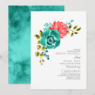 Teal Röd ros Boho Blommigt Bröllop Inbjudningar