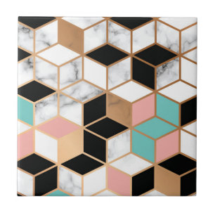 Teal Rosa Abstrakt Cube Mönster på Marble Kakelplatta