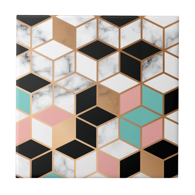 Teal Rosa Abstrakt Cube Mönster på Marble Kakelplatta (Framsidan)