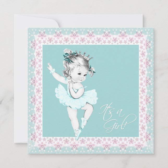 Teal Rosa Ballerina Girl Baby Shower Inbjudningar (Framsida)