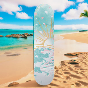Teal & Rosa Beach Coastal Vågar Womens Beginner Mini Skateboard Bräda 18,5 Cm