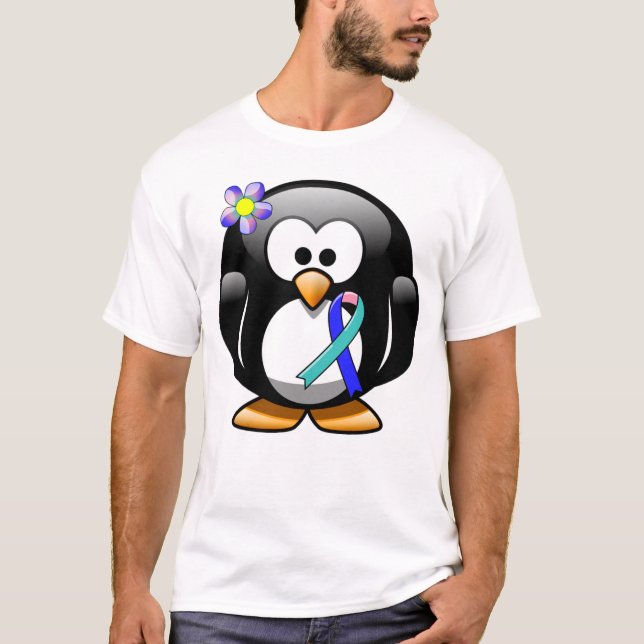 Teal/Rosa/Blue Ribbon Penguin Tee Shirt (Framsida)