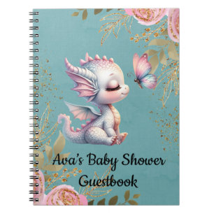 Teal Rosa Dragon Butterfly Baby Shower Guestbook Anteckningsbok