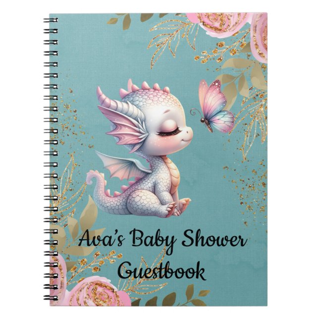 Teal Rosa Dragon Butterfly Baby Shower Guestbook Anteckningsbok (Framsidan)