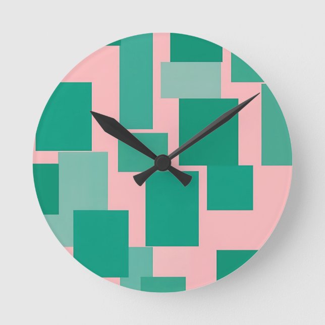 Teal Rosa Färgblocksmönster Modern Abstrakt  Rund Klocka (Framsida)
