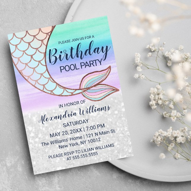 Teal Rosa Glam Glitter Sjöjungfru Svan Bassäng föd Inbjudan Vykort (Teal Pink Glam Glitter Mermaid Tail Pool Birthday Invitation Postcard )
