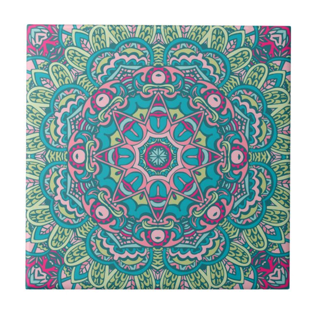 Teal, Rosa, Grönt och Gult Boho Mandala Decorative Kakelplatta (Framsidan)