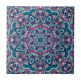 Teal, Rosa, Grönt och marin Vibrant Boho Mandala Kakelplatta