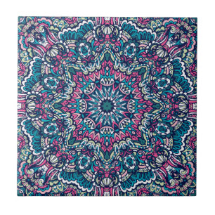 Teal, Rosa, Grönt och marin Vibrant Boho Mandala Kakelplatta