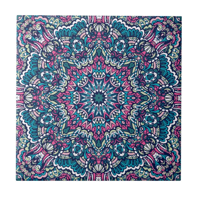 Teal, Rosa, Grönt och marin Vibrant Boho Mandala Kakelplatta (Framsidan)