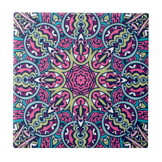 Teal, Rosa, Grönt och marin Vibrant Boho Mandala Kakelplatta (Framsidan)