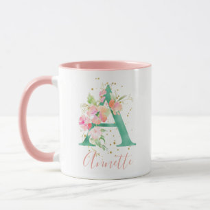 Teal Rosa Guld Watercolor Blommigt Monogram A Mugg
