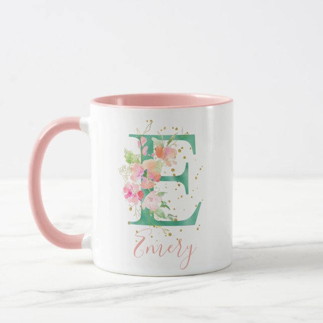 Teal Rosa Guld Watercolor Blommigt Monogram E Mugg (Vänster)