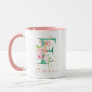 Teal Rosa Guld Watercolor Blommigt Monogram F Mugg