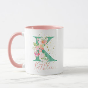 Teal Rosa Guld Watercolor Blommigt Monogram K Mugg