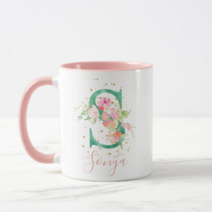 Teal Rosa Guld Watercolor Blommigt Monogram S Mugg