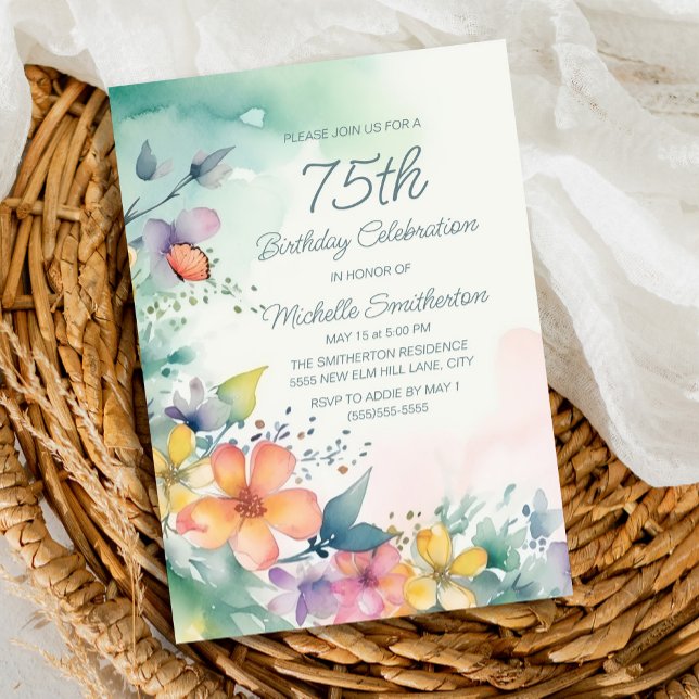 Teal Rosa Gult Pastel Blommigt 75:e födelsedag Inbjudningar (Spring watercolor flowers on teal 75th birthday party invitation)