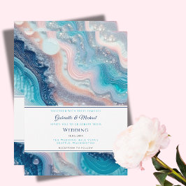 Teal Rosa Marble Agate Sommar Bröllop Inbjudningar