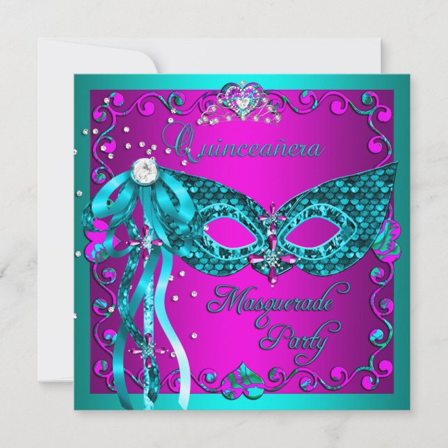 Teal Rosa MasqueraQuinceanera Party Inbjudningar (Framsida)
