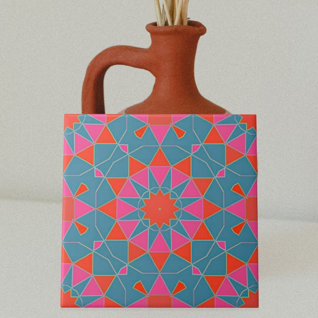 Teal Rosa & Red Snyggt Mosaic Geometric Mönster Kakelplatta (Skapare uppladdad)