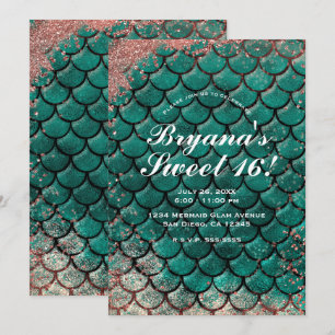  Teal & Rosa Rosa Guld Glitter Mermaid Sweet 16    Inbjudningar
