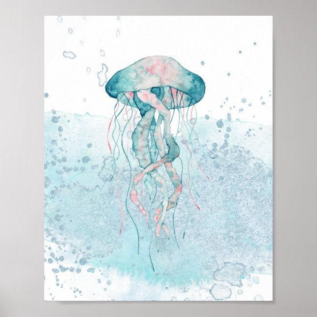 Teal & Rosa Sea Jellyfish Aquatic Thmet Poster (Framsidan)