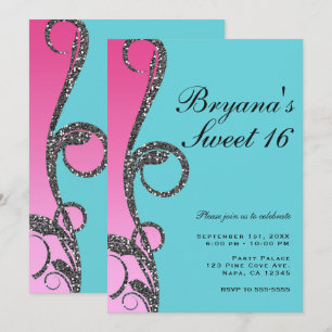 Teal & Rosa Silver Glitter Virvel Sweet 16-fest Inbjudningar