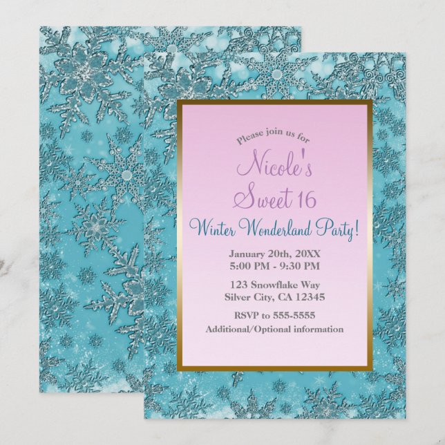 Teal & Rosa Snöflingor Winter Wonderland Party Inbjudningar (Fram/baksida)