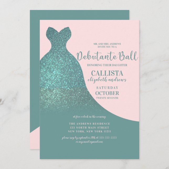 Teal Rosa Sparkly Glitter Dress Debutante Dance Inbjudningar (Fram/baksida)