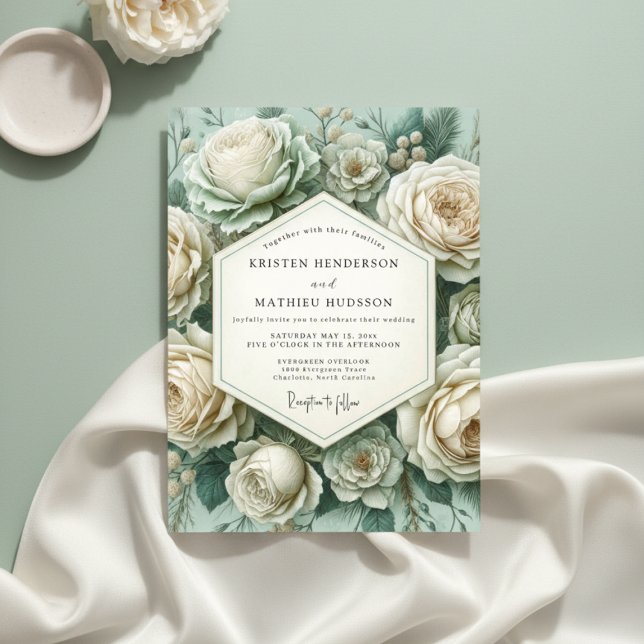 Teal Rose Botanical Romance Wedding Inbjudningar (Skapare uppladdad)