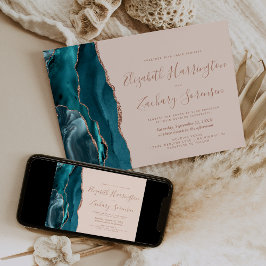 Teal Rose Gold Agate Blush Horizontal Wedding Inbjudningar