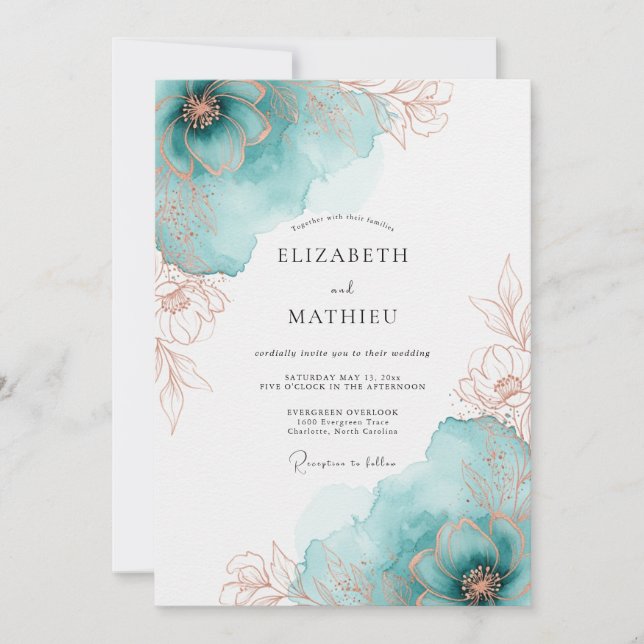 Teal Rose Gold Artistic Spring Wedding Inbjudningar (Framsida)