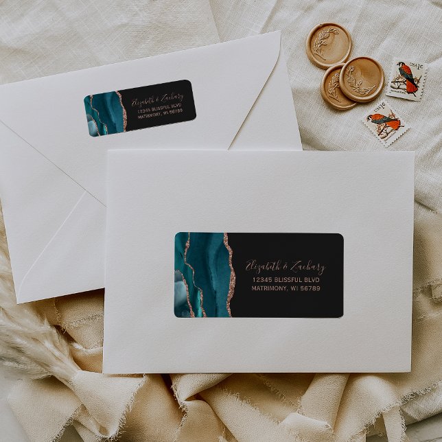 Teal Rose Guld Agat Bröllopsreturadress Returadress Etikett (Skapare uppladdad)