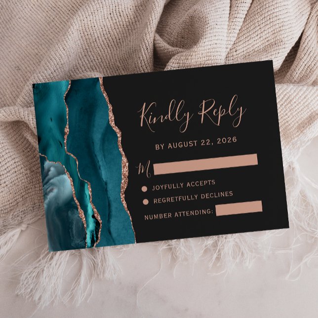 Teal Rose Guld Agat Mörk Bröllop RSVP OSA Kort (Skapare uppladdad)
