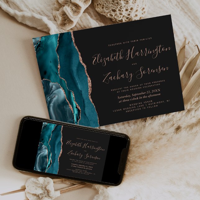 Teal Rose Guld Agat Mörk Horisontell Bröllop Inbjudningar (Skapare uppladdad)