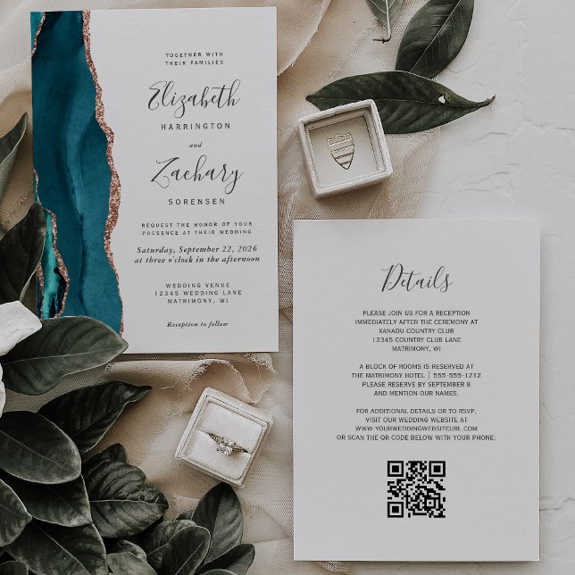 Teal Rose Guld Agat QR-kod Bröllopsinbjudan Inbjudningar (Skapare uppladdad)