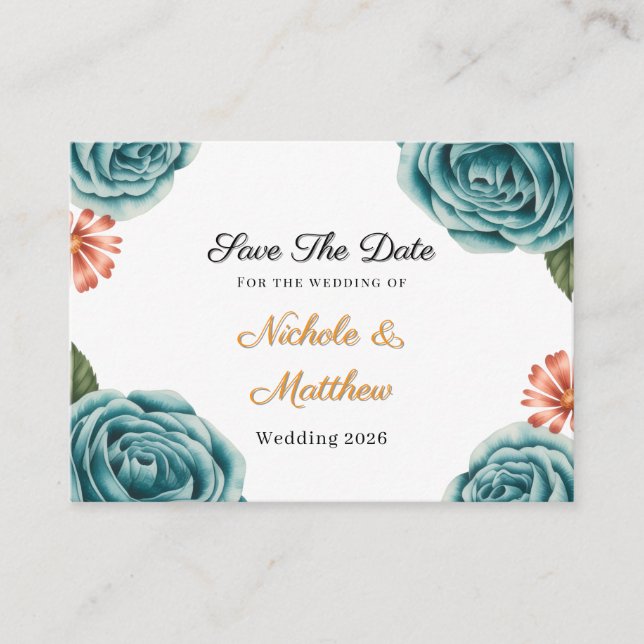 Teal Rose & Orange Daisy  Wedding Save The Date Tilläggskort (Framsida)