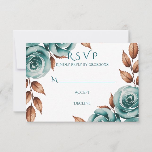 Teal Roses and Bronze Leaves Wedding OSA Kort (Framsida)