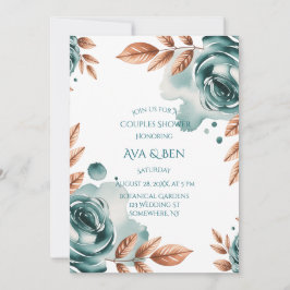 Teal Roses and Copper Leaves Couples Shower Inbjudningar