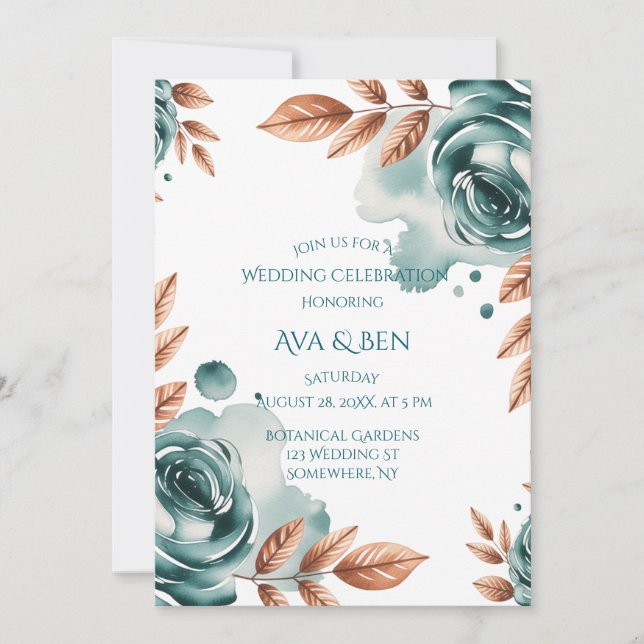 Teal Roses and Copper Leaves Wedding Celebration  Inbjudningar (Framsida)