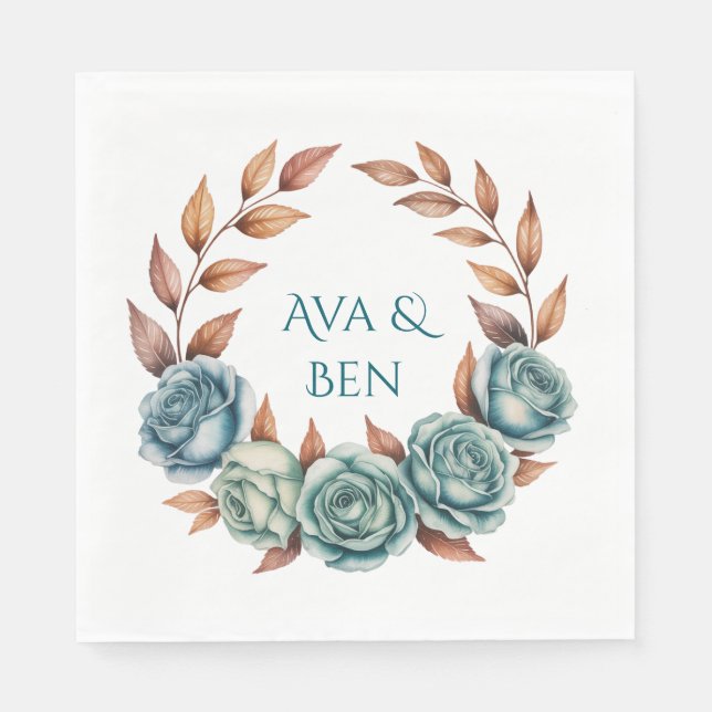 Teal Roses and Copper Leaves Wedding Pappersservett (Framsidan)