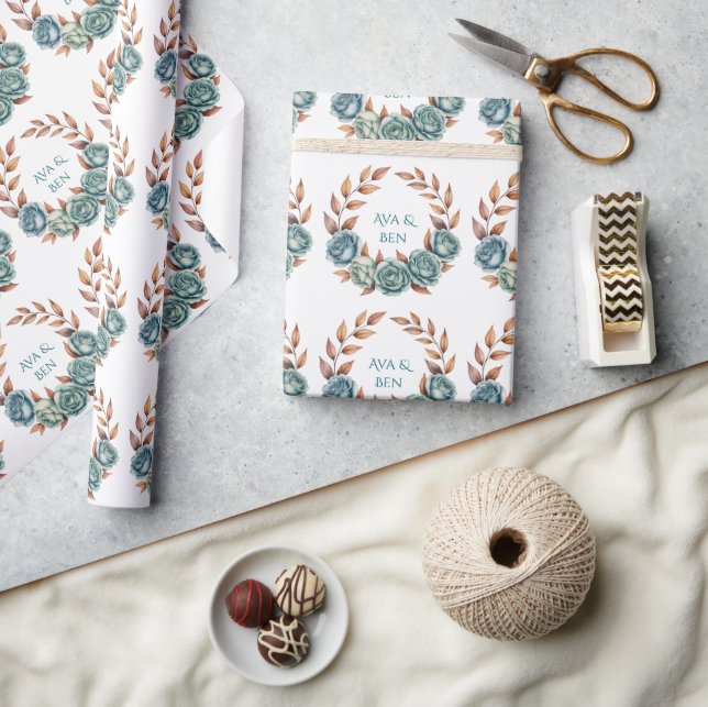 Teal Roses and Copper Leaves Wedding Presentpapper (Hantverk)