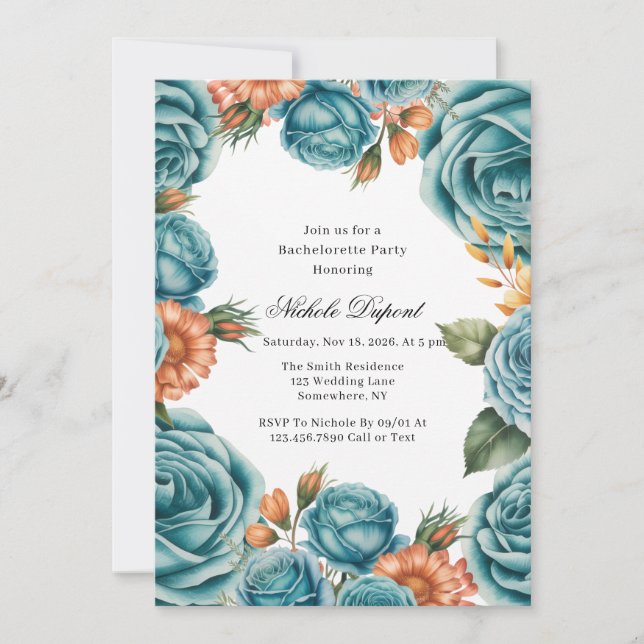 Teal Roses and Orange Floral Bachelorette Party Inbjudningar (Framsida)