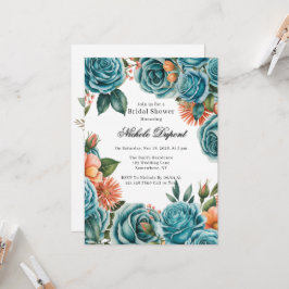 Teal Roses and Orange Floral Bridal Shower Inbjudningar