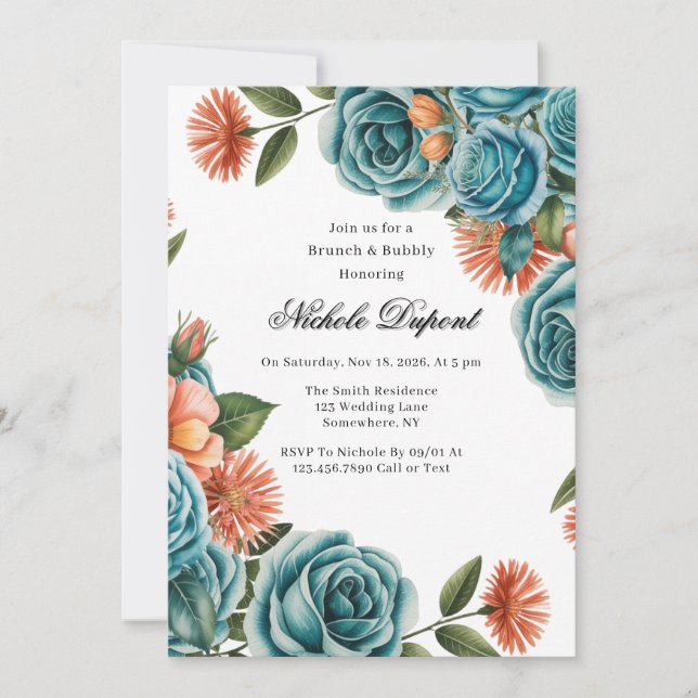 Teal Roses and Orange Floral Brunch & Bubbly Inbjudningar (Framsida)