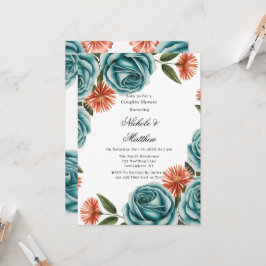 Teal Roses and Orange Floral Couples Shower Inbjudningar