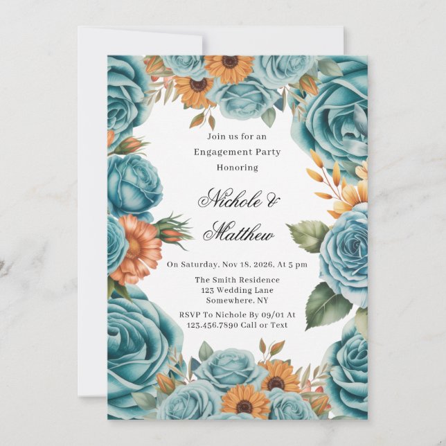 Teal Roses and Orange Floral Engagement Party Inbjudningar (Framsida)