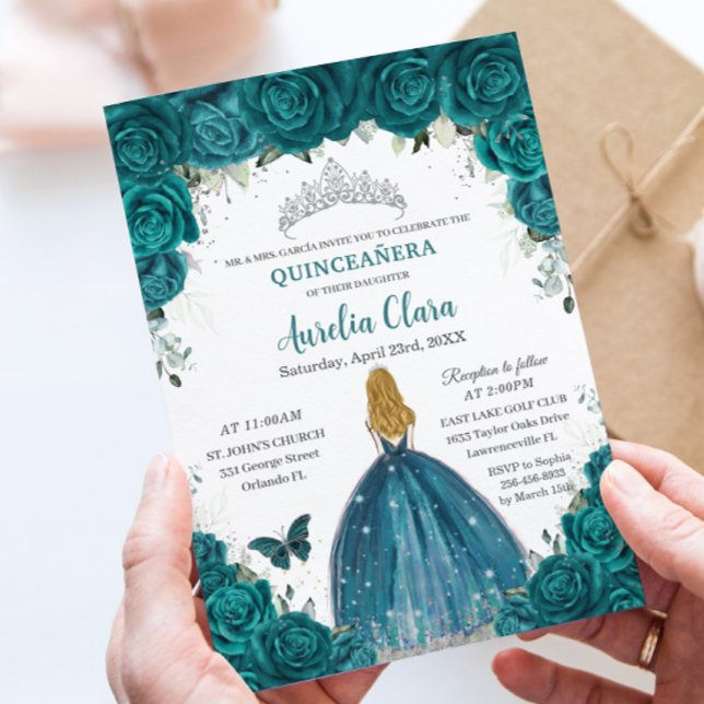 Teal Roses Floral Blonde Princess Quinceanera 16th Inbjudningar (Skapare uppladdad)
