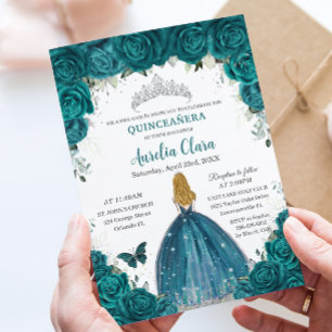 Teal Rosor Blommig Blond Prinsessa Quinceanera 16- Inbjudningar