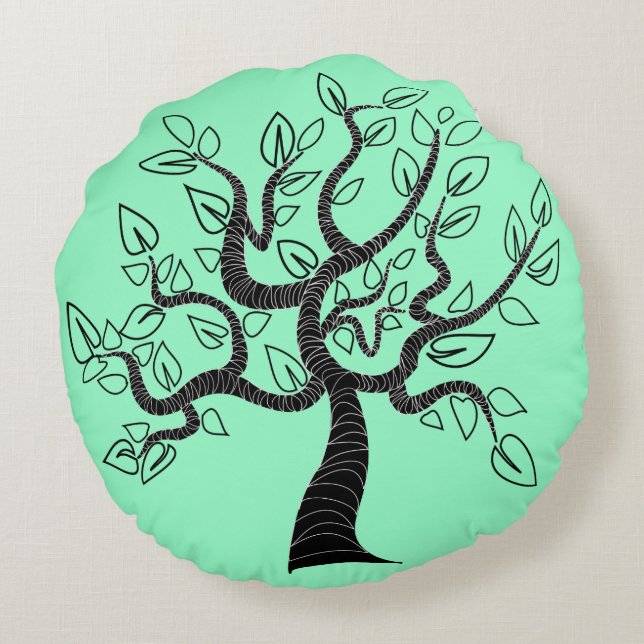 Teal Round Pillow Art Träd Rund Kudde (Baksidan)